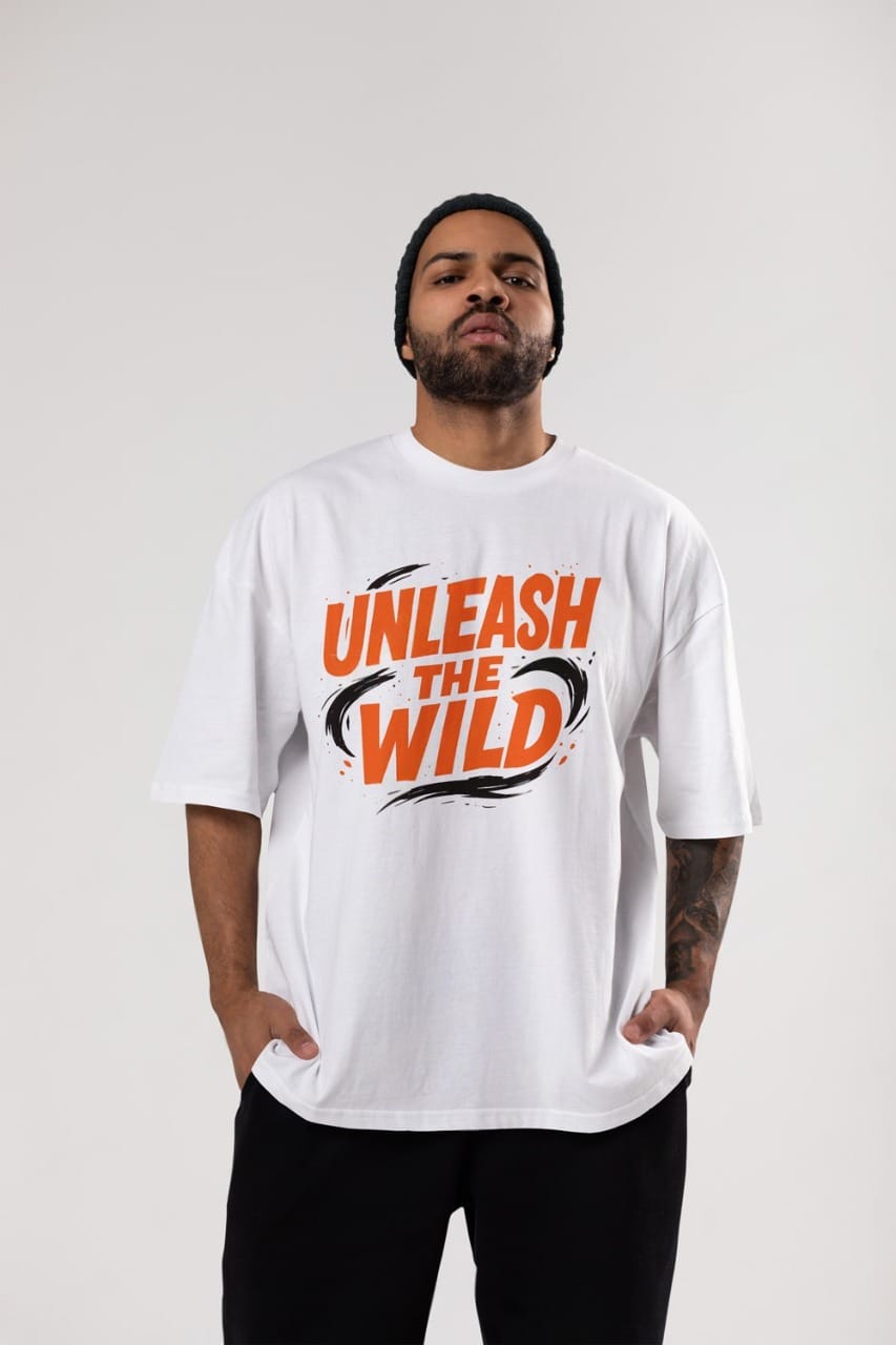 Model wearing the T Brand Unleash The Wild oversized tee