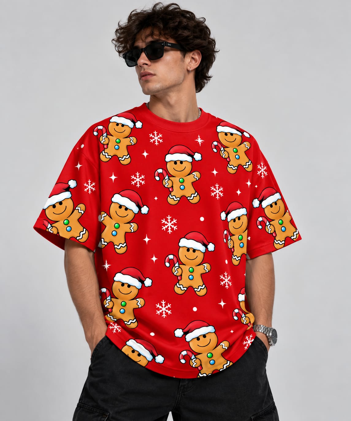 Santa red gingerbread all-over print tee